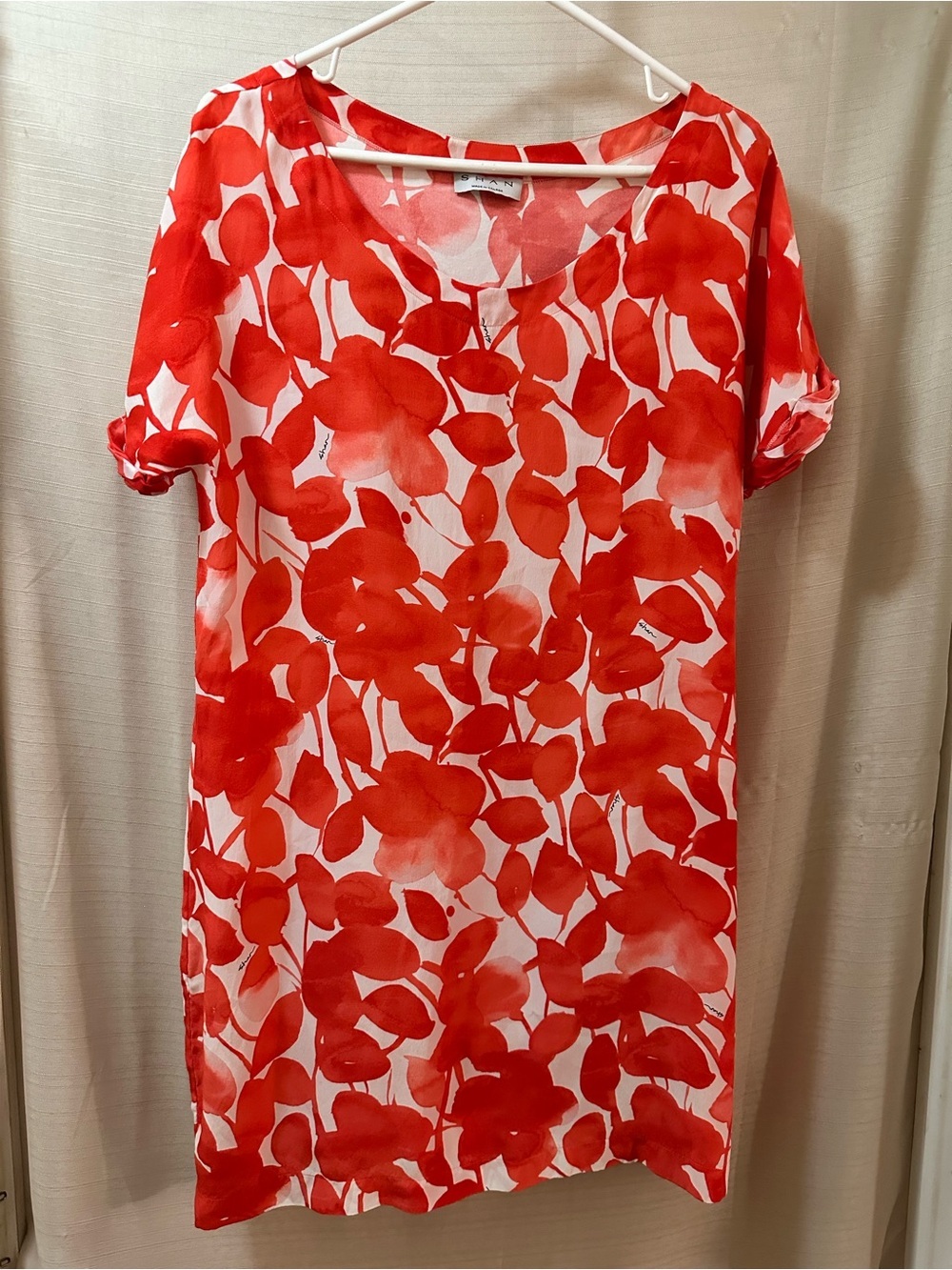 Shan 100% Silk Coral Red Pink Floral Shift Dress Canada Made Size 12 Large